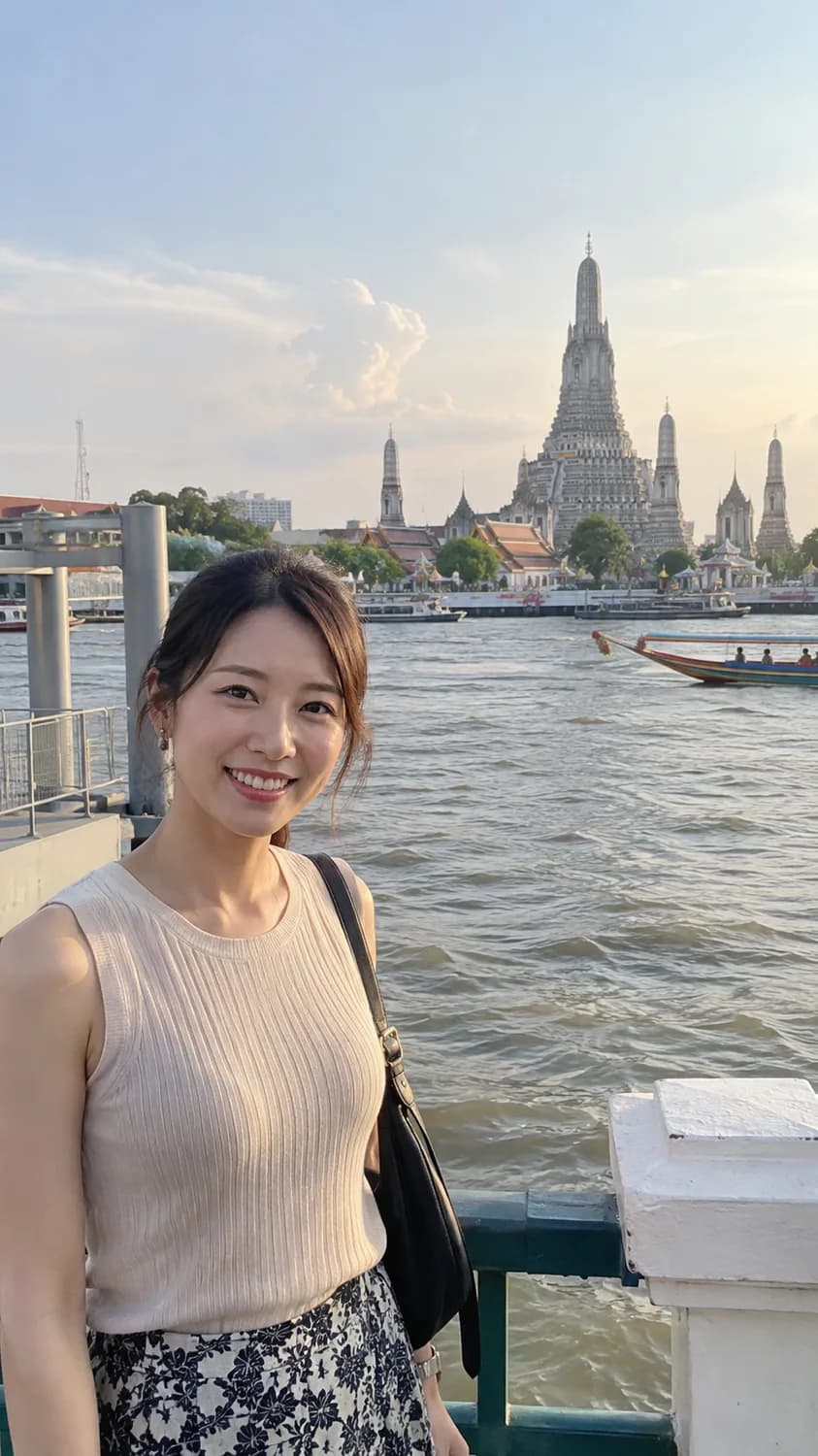 Viajera frente a Wat Arun en Bangkok
