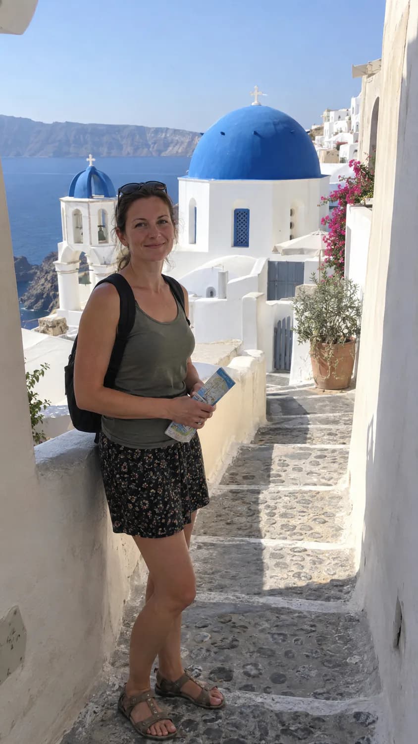 Viajera en una calle de Oia, Santorini